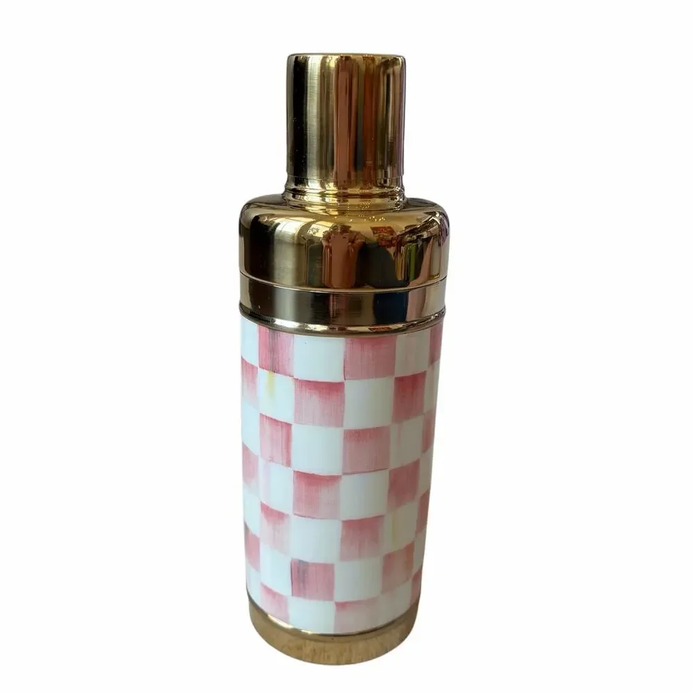 New MacKenzie-Childs Rosy Check 3260 Gold Cocktail Shaker Chic Pink Bareware